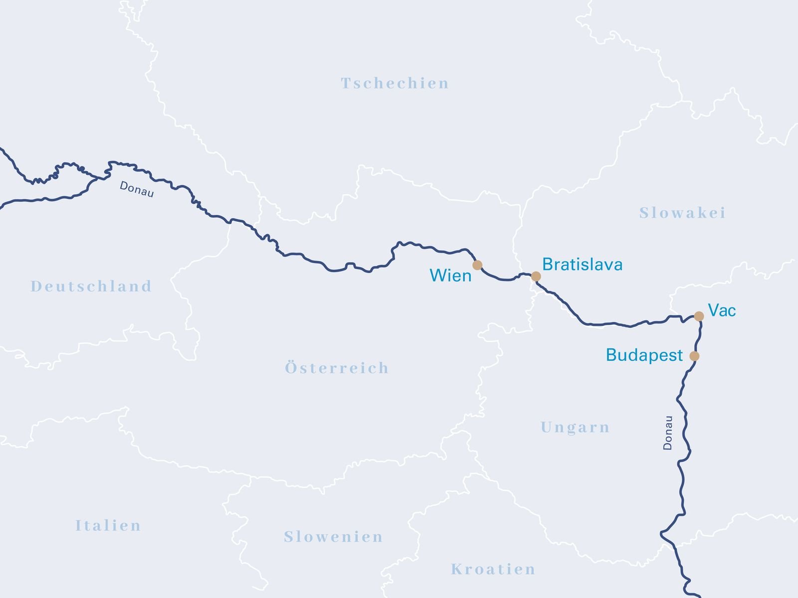 Karte der Donau-Route von Wien über Bratislava und Vác nach Budapest