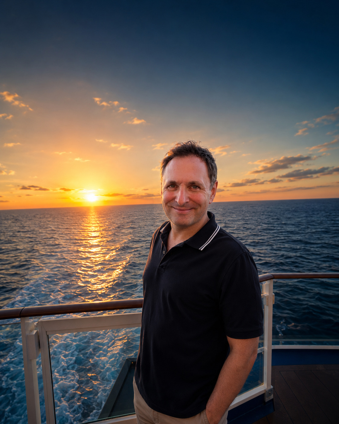 Matthias Morr an Deck bei Sonnenuntergang